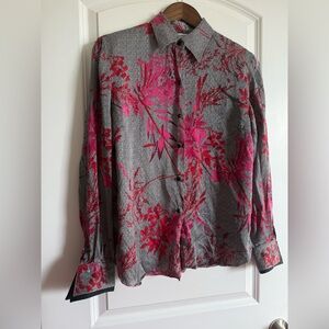 Starington Vintage Pink Floral Button-Up Shirt 100% Silk with Shoulder Pads